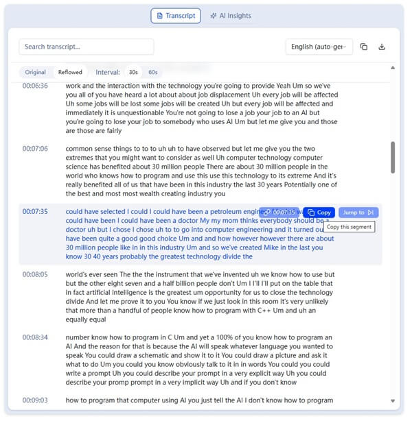 One-Click Link and Copy Buttons when mouse hover over transcript segment
