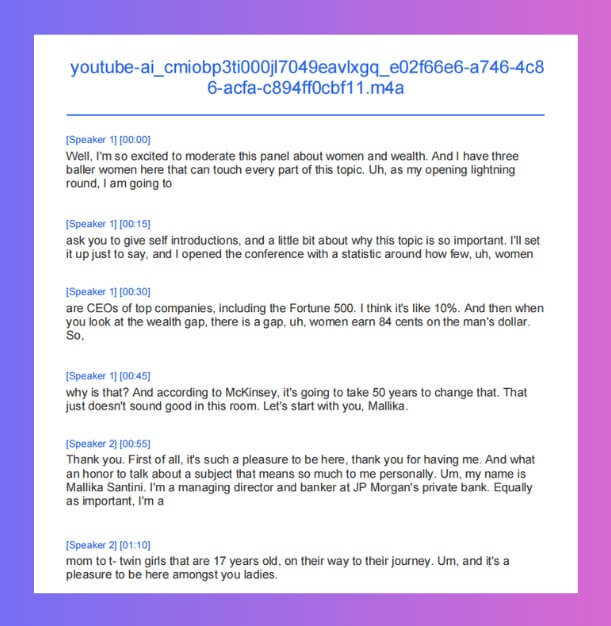 Exported PDF transcript document showing speaker identification tags with Speaker 1 and Speaker 2 labels in formatted transcript text