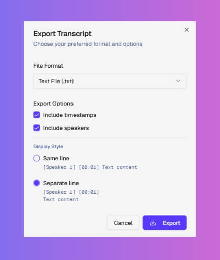 Transcriptly download dialog showing export options for transcripts with speaker identification including TXT, Word, PDF, and CSV formats
