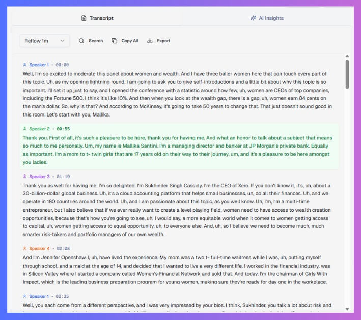 YouTube AI transcript viewer displaying speaker identification with color-coded labels for Speaker 1 and Speaker 2 in each transcript segment
