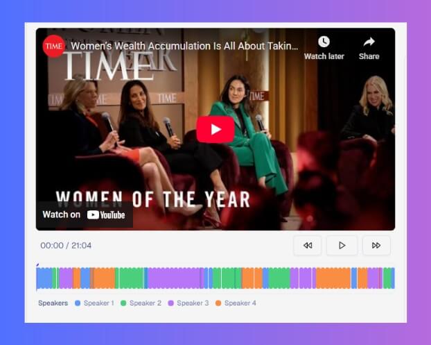 YouTube AI transcript speaker timeline showing color-coded segments for different speakers with interactive navigation controls below the video player