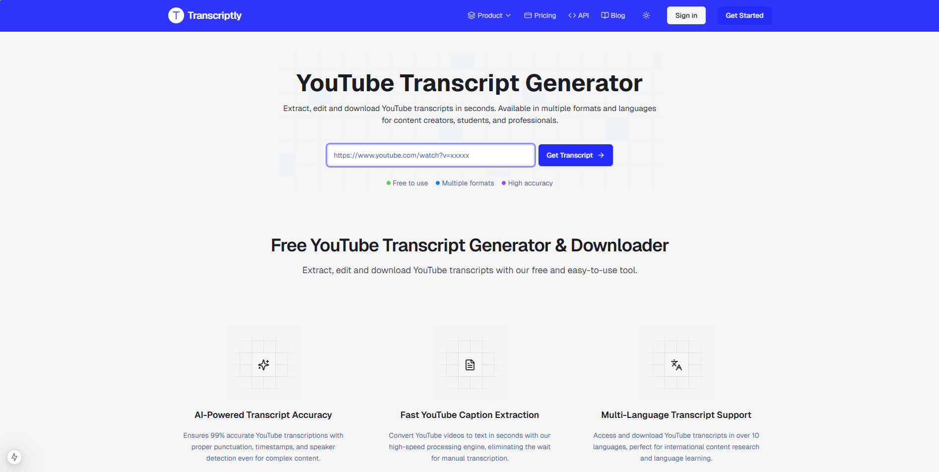 YouTube Transcript Generator Interface